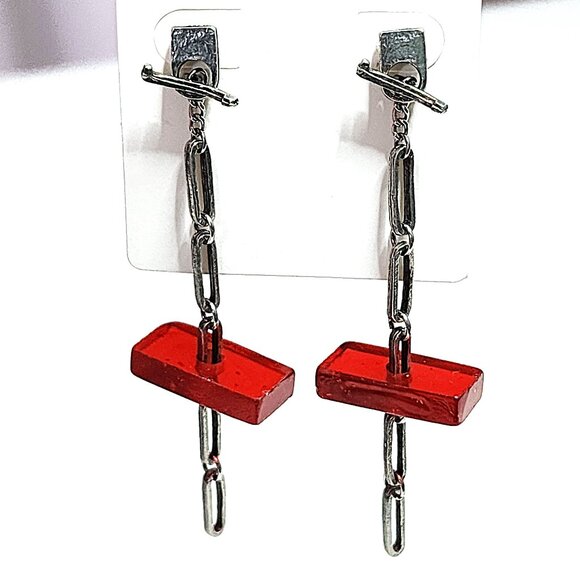 Red glass & pewter chain link artisan earrings - Picture 1 of 6